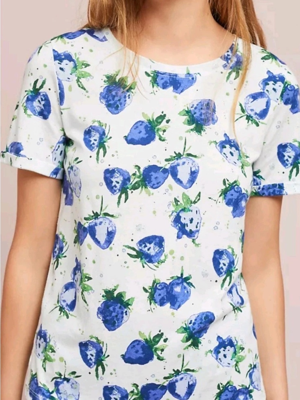 ***ISO*** Anthropologie Blue Strawberry Print Short Sleeve Top